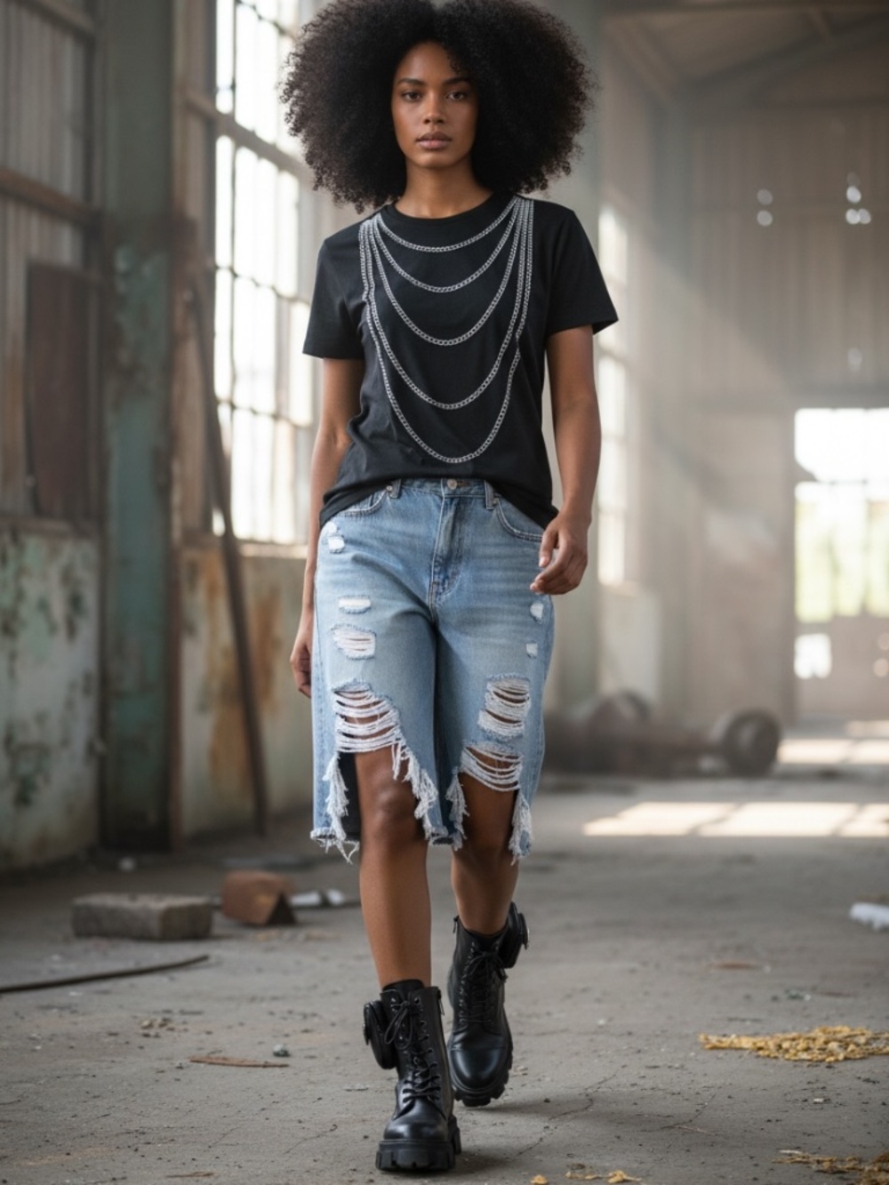 S/S Tee Accessorized W/Multiple Silver Link Necklaces